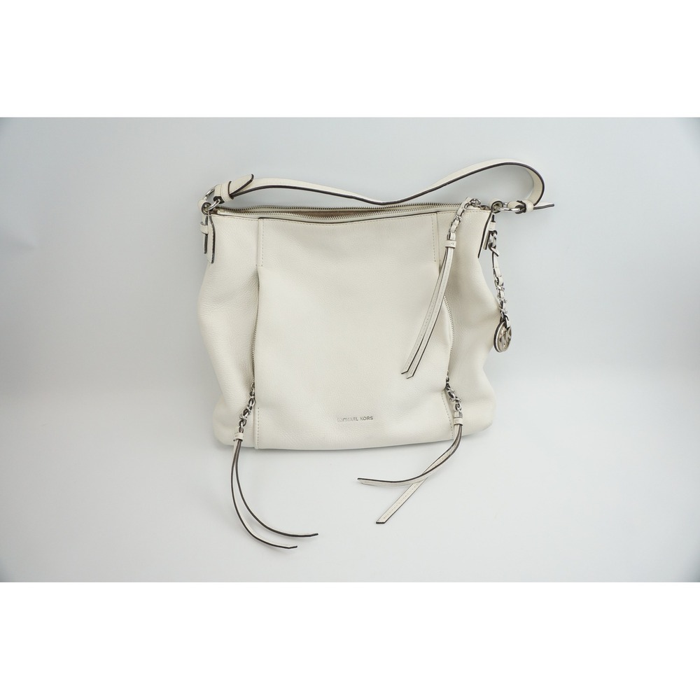 Michael Kors Shoulder Bag White Hobo Tote Pebbled Leather Silver Hardware Good